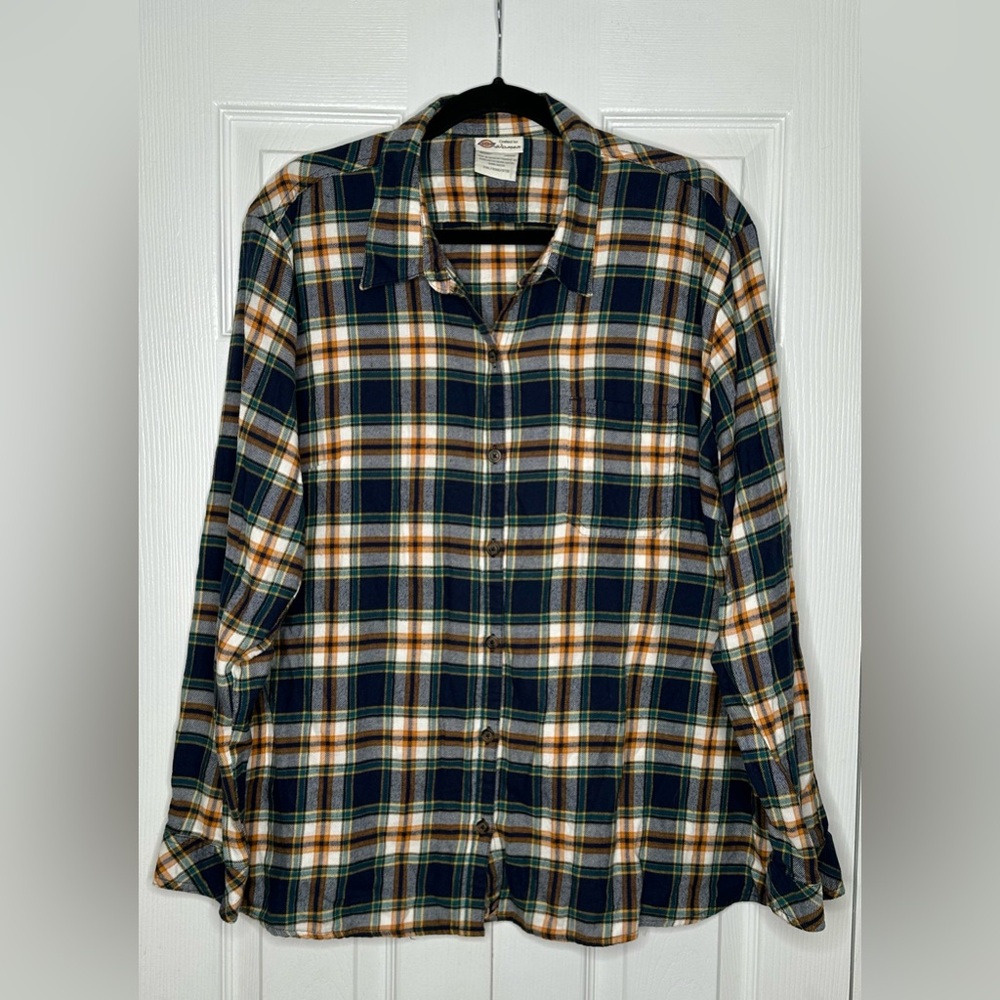 Dickies Size 2XL Navy, White & Mustard Plaid Button-Down Shirt